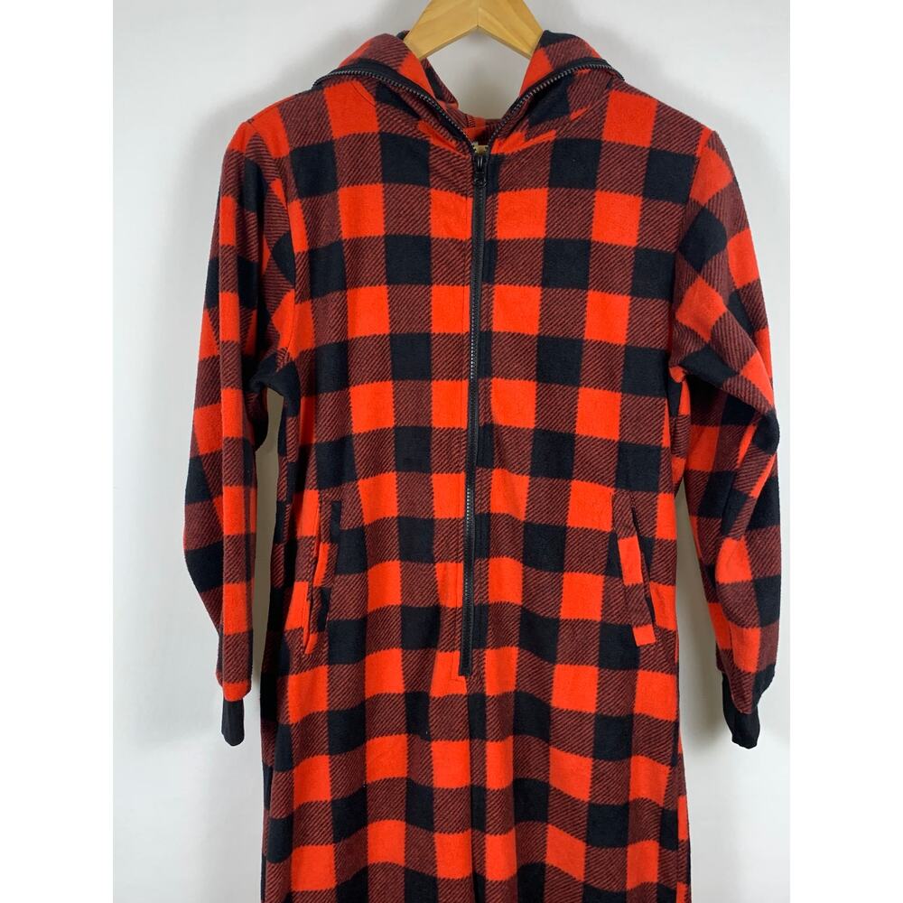 U2Skiin Fleece One Piece Pajamas Men's Size 6-8 Red Black Plaid Hood Pockets Zip
